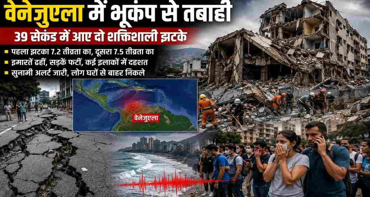 वेनेजुएला भूकंप के बाद टूटी सड़कें, क्षतिग्रस्त इमारतें और राहत-बचाव अभियान का प्रतिनिधि दृश्य।