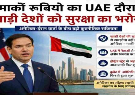 अमेरिकी विदेश मंत्री मार्को रूबियो यूएई दौरे पर क्षेत्रीय नेताओं से मुलाकात करते हुए, जहां उन्होंने अमेरिका-ईरान वार्ता और खाड़ी देशों की सुरक्षा पर चर्चा की।