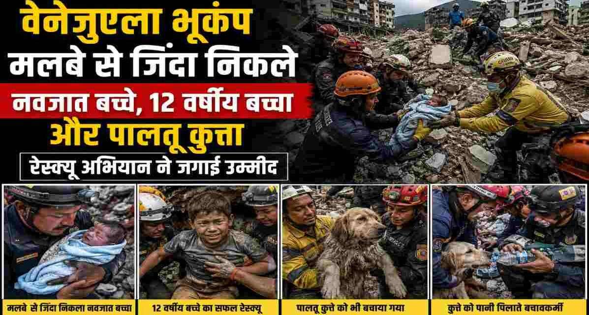 वेनेजुएला भूकंप के बाद राहत अभियान के दौरान बचावकर्मी मलबे से नवजात बच्चों, 12 वर्षीय बच्चे और पालतू कुत्ते को सुरक्षित निकालते हुए।