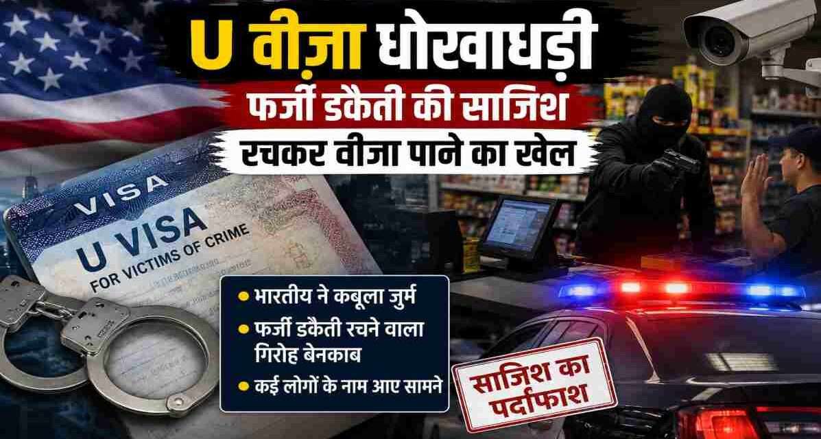 प्रतीकात्मक तस्वीर जिसमें अमेरिकी झंडा, पुलिस की लाल-नीली फ्लैश लाइट, सीसीटीवी कैमरा, नकाबपोश लुटेरा और वीजा दस्तावेज़ दिखाई दें। यह अमेरिका में सामने आए U वीजा धोखाधड़ी मामले को दर्शाती है।