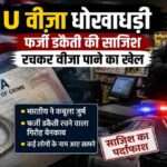 प्रतीकात्मक तस्वीर जिसमें अमेरिकी झंडा, पुलिस की लाल-नीली फ्लैश लाइट, सीसीटीवी कैमरा, नकाबपोश लुटेरा और वीजा दस्तावेज़ दिखाई दें। यह अमेरिका में सामने आए U वीजा धोखाधड़ी मामले को दर्शाती है।