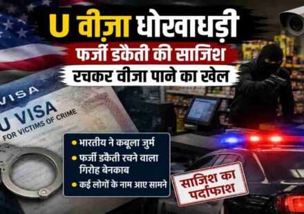 प्रतीकात्मक तस्वीर जिसमें अमेरिकी झंडा, पुलिस की लाल-नीली फ्लैश लाइट, सीसीटीवी कैमरा, नकाबपोश लुटेरा और वीजा दस्तावेज़ दिखाई दें। यह अमेरिका में सामने आए U वीजा धोखाधड़ी मामले को दर्शाती है।