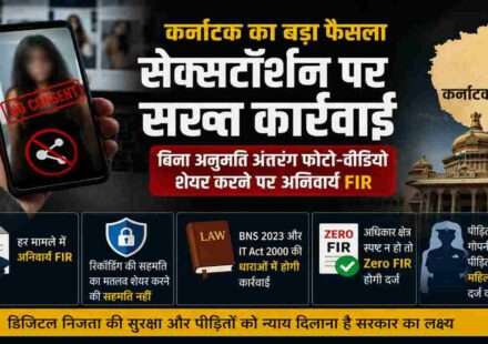प्रतीकात्मक तस्वीर जिसमें साइबर सुरक्षा, मोबाइल फोन, डिजिटल प्राइवेसी और कानूनी कार्रवाई को दर्शाया गया है। यह कर्नाटक सेक्सटॉर्शन कानून और बिना सहमति अंतरंग सामग्री साझा करने पर अनिवार्य एफआईआर के नए निर्देशों को दर्शाती है।