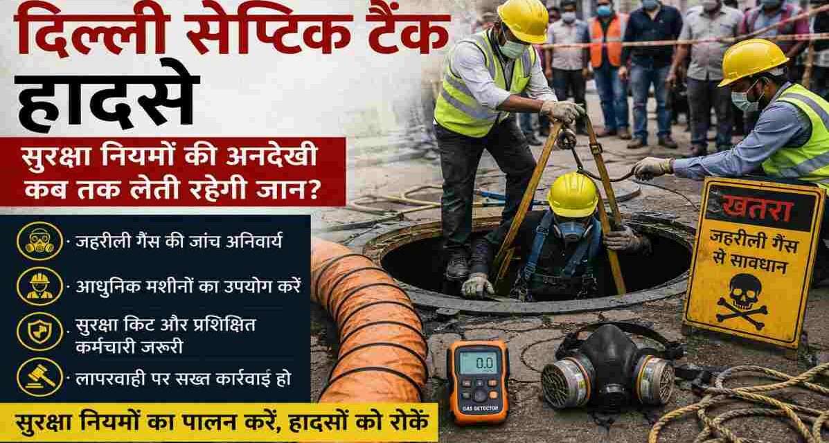 सुरक्षा उपकरणों के साथ सेप्टिक टैंक की सफाई करते कर्मचारी, दिल्ली सेप्टिक टैंक हादसे पर प्रतीकात्मक तस्वीर।