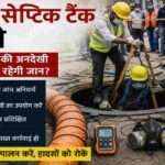सुरक्षा उपकरणों के साथ सेप्टिक टैंक की सफाई करते कर्मचारी, दिल्ली सेप्टिक टैंक हादसे पर प्रतीकात्मक तस्वीर।