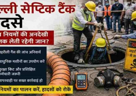 सुरक्षा उपकरणों के साथ सेप्टिक टैंक की सफाई करते कर्मचारी, दिल्ली सेप्टिक टैंक हादसे पर प्रतीकात्मक तस्वीर।