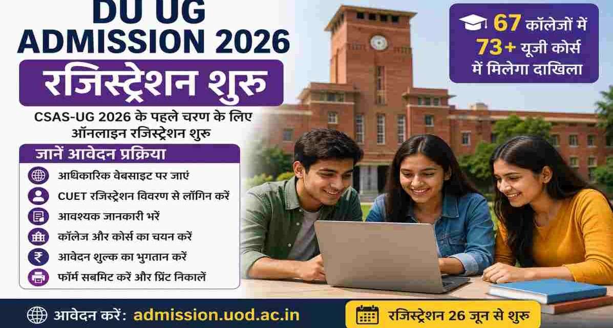 दिल्ली विश्वविद्यालय में DU UG Admission 2026 के तहत CSAS-UG रजिस्ट्रेशन शुरू होने से संबंधित प्रतीकात्मक तस्वीर, जिसमें छात्र ऑनलाइन एडमिशन पोर्टल पर आवेदन करते हुए दिखाई दे रहे हैं।
