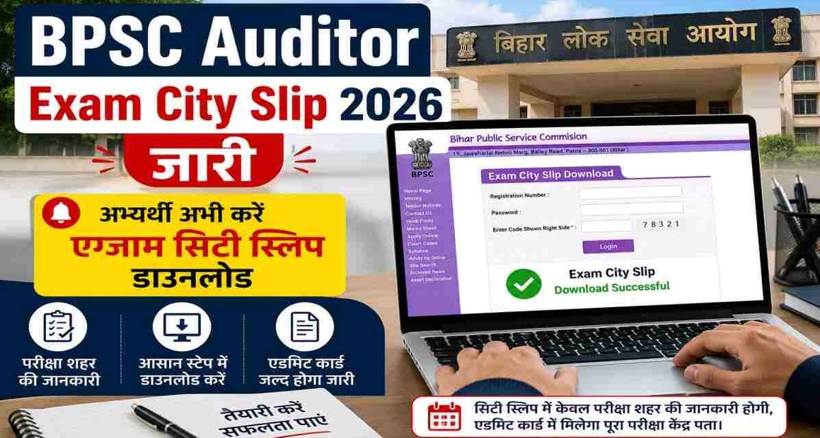 लैपटॉप स्क्रीन पर BPSC Auditor Exam City Slip 2026 डाउनलोड पेज दिखाते हुए एक अभ्यर्थी, परीक्षा और सरकारी भर्ती का प्रतीकात्मक दृश्य।