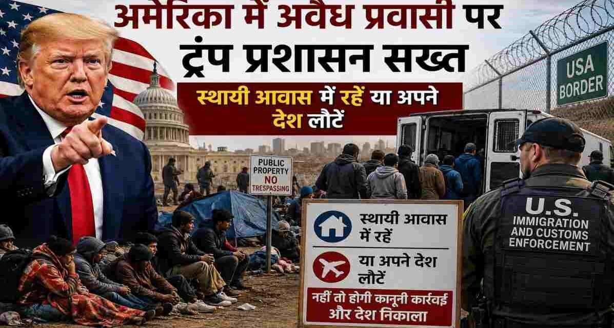 यह प्रतीकात्मक समाचार चित्र अमेरिका की नई आव्रजन नीति को दर्शाता है, जिसमें डोनाल्ड ट्रंप, अमेरिकी सीमा सुरक्षा, अस्थायी शिविरों में रह रहे प्रवासी और इमिग्रेशन अधिकारी दिखाई देते हैं। चित्र का उद्देश्य अमेरिका में अवैध प्रवासियों पर सख्त रुख और सीमा सुरक्षा नीति को समाचार शैली में प्रस्तुत करना है।