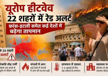 यूरोप हीटवेव के दौरान इटली, फ्रांस और स्पेन में तेज धूप, रेड अलर्ट, ऊंचा तापमान और जंगलों में लगी आग को दर्शाता समाचार चित्र।