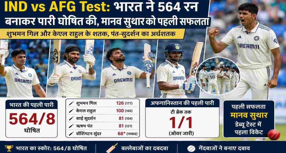 भारत और अफगानिस्तान के बीच टेस्ट मैच के दूसरे दिन शुभमन गिल, केएल राहुल और ऋषभ पंत की शानदार बल्लेबाजी के बाद डेब्यूटेंट मानव सुथार ने भारत को पहली सफलता दिलाई।