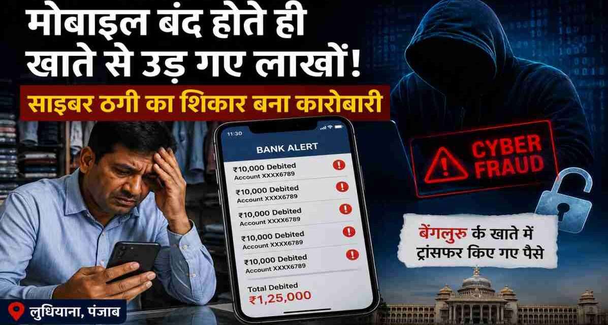 Cyber fraud concept image showing a hacked smartphone, online banking alert messages, and digital theft warning related to a Ludhiana businessman losing ₹1.25 lakh.