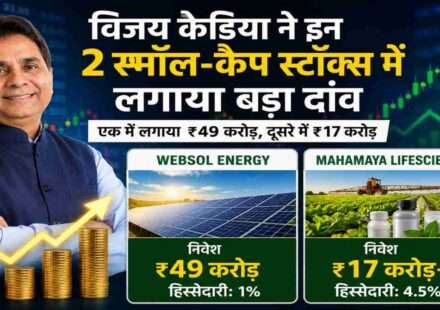 भारतीय निवेशक विजय केडिया की फाइल फोटो, साथ में Websol Energy और Mahamaya Lifesciences के निवेश से जुड़ा स्टॉक मार्केट ग्राफ और वित्तीय विश्लेषण दर्शाता हुआ दृश्य।