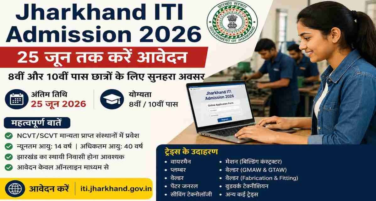 कंप्यूटर पर Jharkhand ITI Admission 2026 का ऑनलाइन आवेदन भरते हुए छात्र, तकनीकी शिक्षा और कौशल विकास का प्रतीकात्मक दृश्य।
