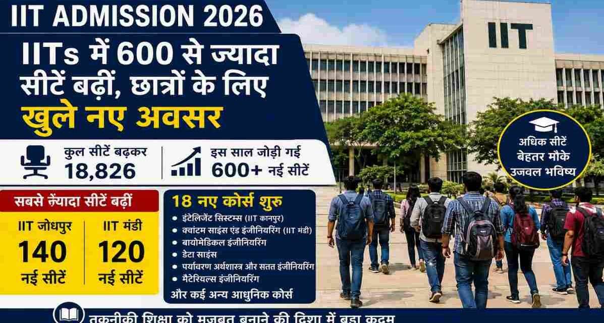 IIT कैंपस का आधुनिक दृश्य, प्रवेश प्रक्रिया, छात्रों की भीड़ और IIT Admission 2026 से जुड़ी सीट वृद्धि को दर्शाती तस्वीर।
