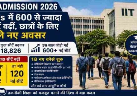 IIT कैंपस का आधुनिक दृश्य, प्रवेश प्रक्रिया, छात्रों की भीड़ और IIT Admission 2026 से जुड़ी सीट वृद्धि को दर्शाती तस्वीर।