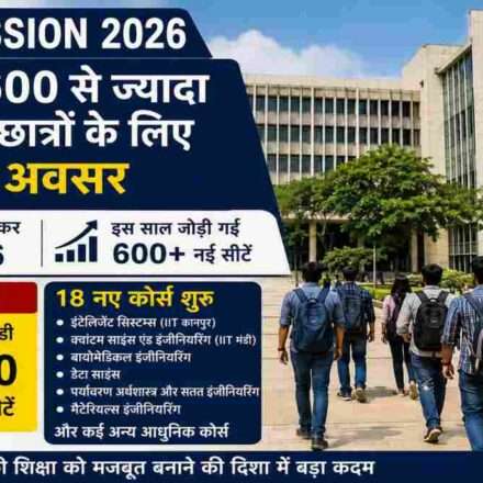 IIT कैंपस का आधुनिक दृश्य, प्रवेश प्रक्रिया, छात्रों की भीड़ और IIT Admission 2026 से जुड़ी सीट वृद्धि को दर्शाती तस्वीर।