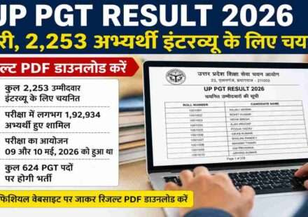 लैपटॉप स्क्रीन पर UP PGT Result 2026 PDF देखते हुए अभ्यर्थी, बैकग्राउंड में शिक्षा और भर्ती परीक्षा से जुड़ा ग्राफिक।