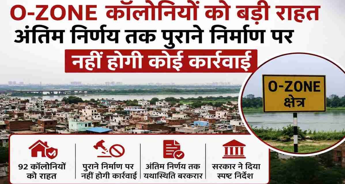 दिल्ली की O-Zone कॉलोनियों में रहने वाले लोग, आवासीय क्षेत्र और सरकार द्वारा राहत संबंधी घोषणा को दर्शाती प्रतीकात्मक तस्वीर।