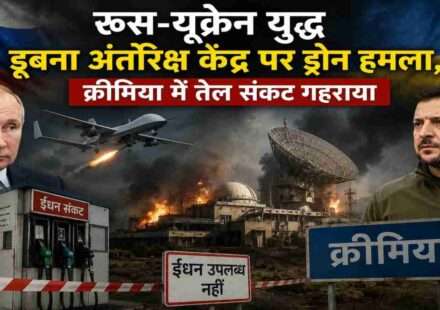 ड्रोन हमले के बाद धुएं से घिरा रणनीतिक सैन्य परिसर, पृष्ठभूमि में रूस और यूक्रेन के झंडे तथा युद्ध का माहौल दर्शाता हाई-रिजॉल्यूशन समाचार चित्र।