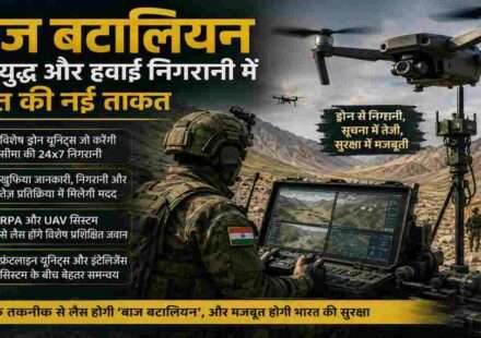 भारतीय सेना के जवान आधुनिक सैन्य ड्रोन के साथ सीमा क्षेत्र की निगरानी करते हुए। यह चित्र बाज बटालियन की उन्नत ड्रोन युद्ध और हवाई निगरानी क्षमता को दर्शाता है।